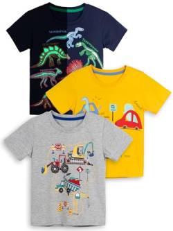 YOUNGSOUL Jungen Tee T-Shirt Kurzarm Kinder Shirt mit Bagger Sommer Tops 3er-Pack Dinosaurier Bagger, 110-116/Größe 6T von YOUNGSOUL