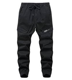 YOUNGSOUL Kinder Cargohose Jungen Jogginghose Skater Hose mit Gummizug Schwarz DE:140-146 (Herstellergröße 140) von YOUNGSOUL