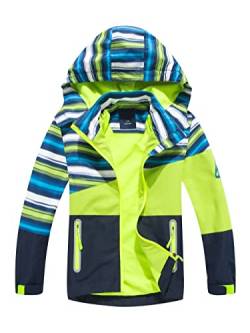 YOUNGSOUL Kinder Gefütterte Regenjacke Mädchen Windjacke Jungen Übergangsjacke Outdoorjacke Softshelljacke mit Farbblock und Gestreift Grün DE: 116-122 (Herstellergröße 120) von YOUNGSOUL