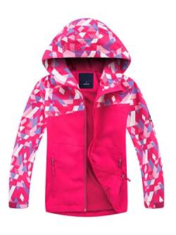 YOUNGSOUL Kinder Gefütterte Regenjacke Mädchen Windjacke Jungen Übergangsjacke Outdoorjacke mit Farbblock und Geometrischem Rot DE: 146-152 (Herstellergröße 150) von YOUNGSOUL