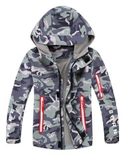 YOUNGSOUL Kinder Gefütterte Regenjacke Outdoorjacke Wasserdicht Übergangsjacke Jungen Softshelljacke Camouflage Jacke mit Kapuze Grau Grün DE: 128-134 (Herstellergröße 130) von YOUNGSOUL