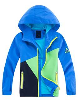 YOUNGSOUL Kinder Regenjacke mit Farbblock Mädchen Jungen Übergangsjacke Outdoorjacke Win und Wasserdicht Windjacke mit Kapuze Blau DE: 116-122 (Herstellergröße 120) von YOUNGSOUL