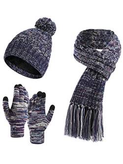 YOUNGSOUL Mütze Schal Handschuhe Set Damen Wintermütze mit Fleecefutter Warme Beanie Touchscreen Handschuhe und Strickschal mit Fransen Lila von YOUNGSOUL