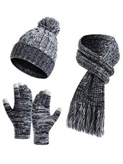 YOUNGSOUL Mütze Schal Handschuhe Set Damen Wintermütze mit Fleecefutter Warme Beanie Touchscreen Handschuhe und Strickschal mit Fransen Marine von YOUNGSOUL