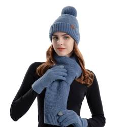 YOURDIARY Frauen Winter Beanie Mütze Schal Set Touchscreen Handschuhe Set mit Pom für Frauen (Blau) von YOURDIARY