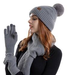 YOURDIARY Frauen Winter Beanie Mütze Schal Set Touchscreen Handschuhe Set mit Pom für Frauen (Grau) von YOURDIARY