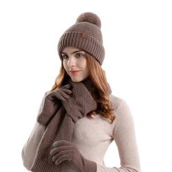 YOURDIARY Frauen Winter Beanie Mütze Schal Set Touchscreen Handschuhe Set mit Pom für Frauen (Khaki) von YOURDIARY