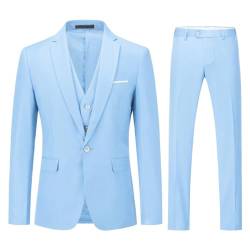 Herren Anzug Regular Fit Business Anzüge 3-Teilig Anzugjacke Anzughose Weste Hell Blau L von YOUTHUP