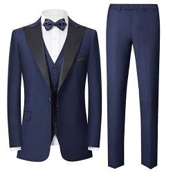 YOUTHUP Anzug Herren Slim Fit 3 Teilig Anzüge Peak Lapel Morden Herrenanzug Business Hochzeit Smoking Sakko Hose Weste, Blau, M von YOUTHUP