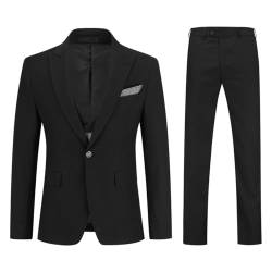 YOUTHUP Anzug Herren Slim Fit 3 Teiliger Anzug Business Hochzeit Smoking Spitzenrevers Sakko Weste Hose und Einstecktuch, Schwarz, L von YOUTHUP