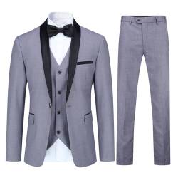 YOUTHUP Herren 3 Teiliger Slim Fit Anzüge Hochzeit Party Herrenanzug Schalkragen Smoking Sakko Hose Weste, Hellgrau, L von YOUTHUP