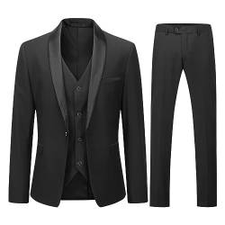 YOUTHUP Herren 3 Teiliger Slim Fit Anzüge Hochzeit Party Herrenanzug Schalkragen Smoking Sakko Hose Weste, Schwarz, L von YOUTHUP