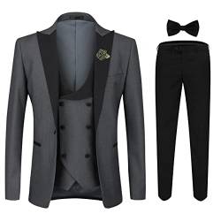 YOUTHUP Herren Anzug Slim Fit 3 Teiliger Herrenanzug Modern Smoking mit Fliege und Broschen für Hochzeit Abschlussball, Grau, L von YOUTHUP