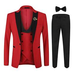 YOUTHUP Herren Anzug Slim Fit 3 Teiliger Herrenanzug Modern Smoking mit Fliege und Broschen für Hochzeit Abschlussball, Rot, 3XL von YOUTHUP