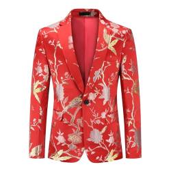 YOUTHUP Herren Sakko Slim Fit Anzugsjacke Stickerei Smoking Jacke mit Blumenmuster für Abendessen Hochzeit Party Abschlussball, Rot-607, 3XL von YOUTHUP