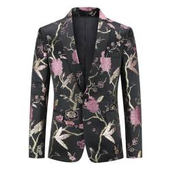 YOUTHUP Herren Sakko Slim Fit Anzugsjacke Stickerei Smoking Jacke mit Blumenmuster für Abendessen Hochzeit Party Abschlussball, Schwarz-607, XL von YOUTHUP