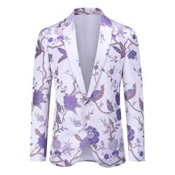 YOUTHUP Herren Sakko Slim Fit Anzugsjacke Stickerei Smoking Jacke mit Blumenmuster für Abendessen Hochzeit Party Abschlussball, Violett-607, XL von YOUTHUP