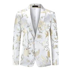 YOUTHUP Herren Sakko Slim Fit Anzugsjacke Stickerei Smoking Jacke mit Blumenmuster für Abendessen Hochzeit Party Abschlussball, Weiß-607, S von YOUTHUP