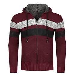 YOUTHUP Herren Strickjacke mit Kapuze Fleece Gefüttert Winter Cardigan Strick Fleecejacke Reißverschluss Kapuzenjacke, Weinrot, XL von YOUTHUP