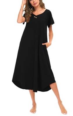 YOZLY Damen Lounge Nightgown baumwollknit Kurzarm nachtwäsche Lange Nacht mit Taschen X-Large Schwarz von YOZLY