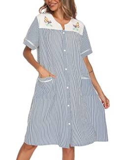YOZLY Damen besticktes Hauskleid, kurzärmelig, mit Vordertaschen, Größe S-3XL, blau, XX-Large von YOZLY
