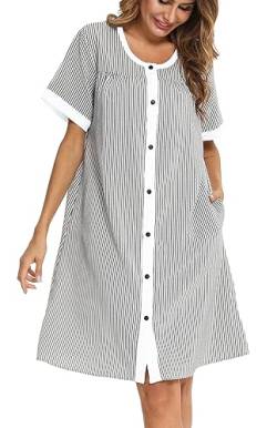 YOZLY Hauskleid Damen Kurzarm Hausmantel Staubwedel Robe Knopfleiste Nachthemd S-XXL, Schwarz, Large von YOZLY