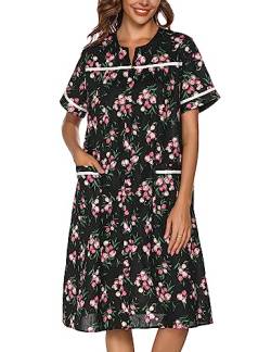 YOZLY Hauskleid Damen bestickt Hausmantel Kurzarm Staubwedel Robe mit Fronttaschen, Blume/Schwarz, 3X-Groß von YOZLY