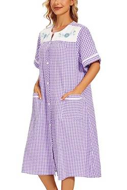 YOZLY Hauskleid Damen bestickt Hausmantel Kurzarm Staubwedel Robe mit Fronttaschen, Plaid lila, XX-Large von YOZLY