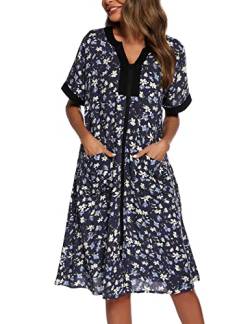 YOZLY Hauskleider für Damen, Reißverschluss vorne, leichter Staubmantel mit Taschen, Marineblau, Klein von YOZLY