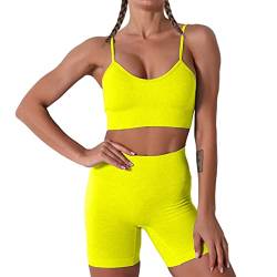 Damen Workout Outfits Yoga Set 2 teiliges,Camisole Nahtlos Gerippt Sport BH Damen Trainingsanzüge+Shorts Training Tights Shape Stretch Sport Outfit Gym Fitness Kleidung Yellow M von YR.Lover