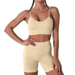 Damen Workout Outfits Yoga Set 2 teiliges,Camisole Nahtlos Gerippt Sport BH Damen Trainingsanzüge+Shorts Training Tights Shape Stretch Sport Outfit Gym Fitness Kleidung khaki M von YR.Lover