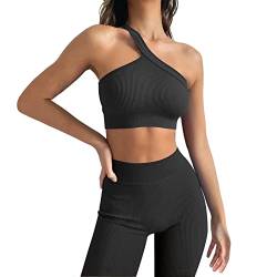 Damen Workout Outfits Yoga Set 2 teiliges,Diagonal Shoulder Strap Nahtlos Gerippt Sport BH Damen Trainingsanzüge+Hoses Training Tights Shape Stretch Kleidung Sportswear Black M von YR.Lover