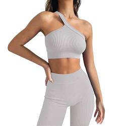 Damen Workout Outfits Yoga Set 2 teiliges,Diagonal Shoulder Strap Nahtlos Gerippt Sport BH Damen Trainingsanzüge+Hoses Training Tights Shape Stretch Kleidung Sportswear Gray L von YR.Lover