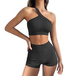 Damen Workout Outfits Yoga Set 2 teiliges,Diagonal Shoulder Strap Nahtlos Gerippt Sport BH Damen Trainingsanzüge+Shorts Training Tights Shape Stretch Kleidung Sportswear Black M von YR.Lover