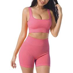 Damen Workout Outfits Yoga Set 2 teiliges,Nahtlos Gerippt Sport BH Damen Trainingsanzüge+Shorts Training Tights Shape Stretch Sport Outfit Gym Fitness Kleidung Laufbekleidung Sportswear Peachred S von YR.Lover