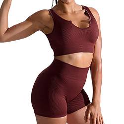 Damen Workout Outfits Yoga Set 2 teiliges,U-shaped Nahtlos Gerippt Sport BH Damen Trainingsanzüge+Shorts Training Tights Shape Stretch Sport Outfit Gym Fitness Kleidung Sportswear Coffee L von YR.Lover