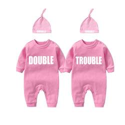 culbutomind baby Zwillinge Baby Bodys Doppel Ärger süßes Outfit mit Hut Baby Pyjamas Zwillinge Geschenk(Rosa 12M) von YSCULBUTOL