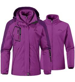 YSENTO Damen 3-in-1 Skijacke Winter FleeceJacke Wasserdichte Winddichte Warme Funktions Outdoor Softshell Jacke mit abnehmbarer Kapuze(Violett,XS) von YSENTO