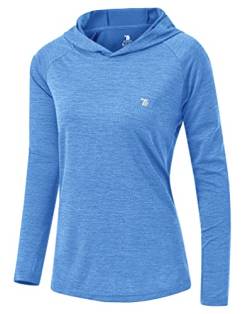 YSENTO Damen Laufshirt Langarm Sportshirt Funktionsshirt UPF 50+ Schnelltrocknend Gym Top Wandershirt Yoga Fitness Hoodie(Sea Blue,2XL) von YSENTO