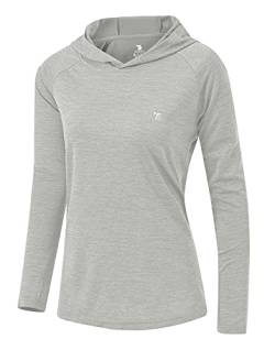 YSENTO Damen Laufshirt Langarm Sportshirt UPF 50+ Schnelltrocknend UV Schutz Hoodie Pullover Wandershirt mit Daumenlöcher(Grau,L) von YSENTO