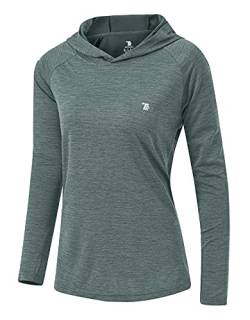 YSENTO Damen Laufshirt Langarm Sportshirt UPF 50+ Schnelltrocknend UV Schutz Hoodie Pullover Wandershirt mit Daumenlöcher(Grau blau,L) von YSENTO