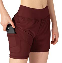 YSENTO Damen Sport Shorts Sommer 2 in 1 Kurze Sport Training Jogging Fitness Lauf Yoga Hose Schnelltrocknende mit Tasche(Wein rot,L) von YSENTO