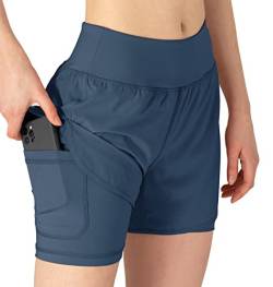 YSENTO Damen Sport Shorts Sommer 2 in 1 Kurze Sport Training Jogging Fitness Lauf Yoga Hose Schnelltrocknende mit Tasche(grau blau,S) von YSENTO