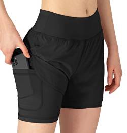 YSENTO Damen Sport Shorts Sommer 2 in 1 Kurze Sport Training Jogging Fitness Lauf Yoga Hose Schnelltrocknende mit Tasche(schwarz,XL) von YSENTO