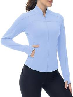 YSENTO Damen Sportjacke Laufjacke Funktionsjacke Wanderjacke Leicht Langarm Yoga Gym Sport Oberteil Atmungsaktive mit Daumenloch(Baby blau,M) von YSENTO