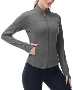 YSENTO Damen Sportjacke Laufjacke Funktionsjacke Wanderjacke Leicht Langarm Yoga Gym Sport Oberteil Atmungsaktive mit Daumenloch(Grau,S) von YSENTO