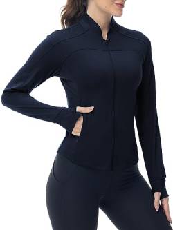 YSENTO Damen Sportjacke Laufjacke Funktionsjacke Wanderjacke Leicht Langarm Yoga Gym Sport Oberteil Atmungsaktive mit Daumenloch(Marine,XXL) von YSENTO