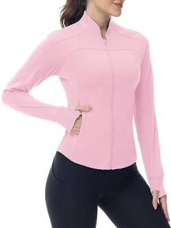 YSENTO Damen Sportjacke Laufjacke Funktionsjacke Wanderjacke Leicht Langarm Yoga Gym Sport Oberteil Atmungsaktive mit Daumenloch(Rosa,XXL) von YSENTO