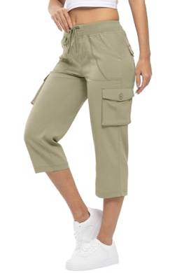 YSENTO Damen Wanderhose Outdoorhose 3/4 Sommerhose Capri Cargohose Leichte Stretch Trekkinghose Funktionshose(Grau Khaki,3XL) von YSENTO