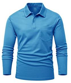 YSENTO Herren Poloshirts Langarm Golfshirts Schnelltrocknend Atmungsaktiv Outdoor Funktionell Tennis Arbeit Casual Polo T-Shirts Tops mit Brillenhalter(Blau,L) von YSENTO